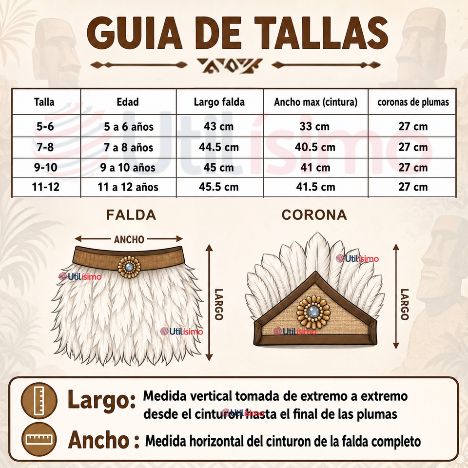 Traje Pascuense Típico Blanco Con Plumas 3 Piezas Niña Rapa Nui Fiestas Patrias