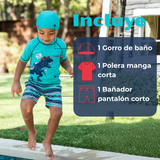Traje De Baño Con Gorro Polera Pantalón Corto 3 piezas Corte Split Niño de 3 a 9 Años Dino