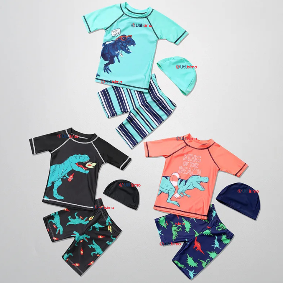 Traje De Baño Con Gorro Polera Pantalón Corto 3 piezas Corte Split Niño de 3 a 9 Años Dino