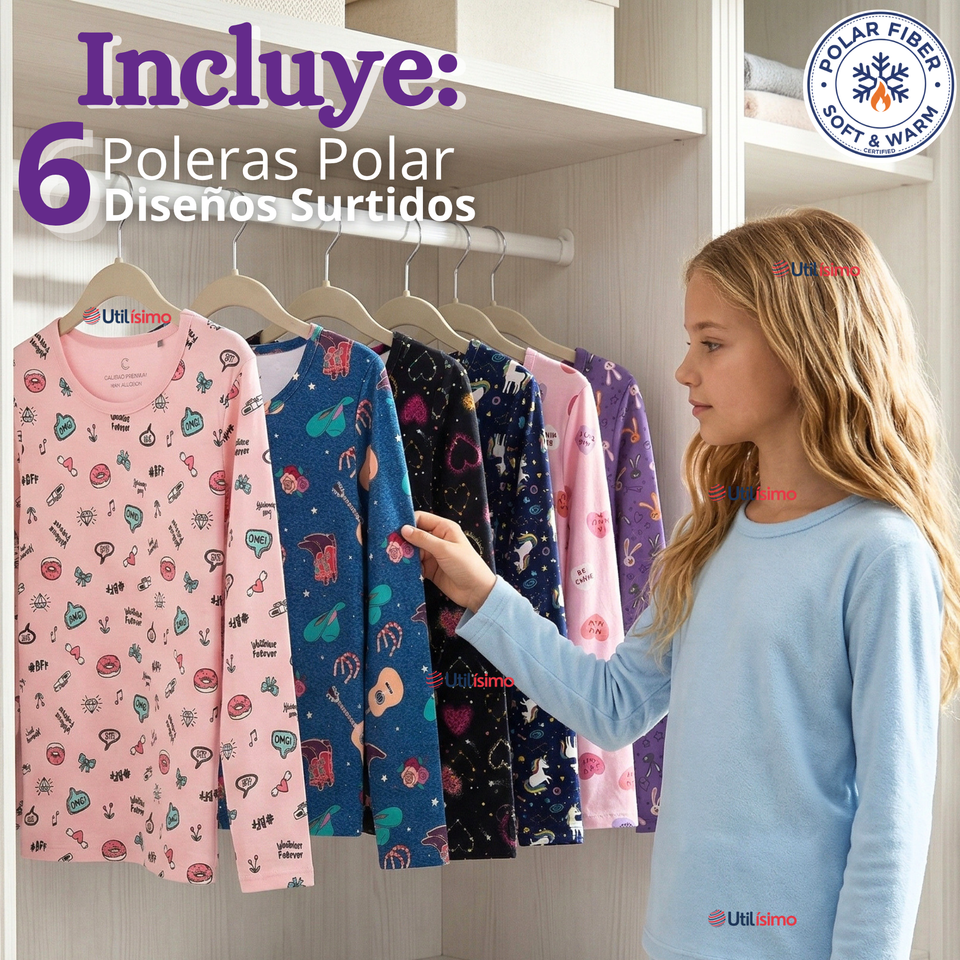 Pack 6 Camisetas Poleras Polar Primera Capa Basica Pijama Manga Larga Diseños Surtidos Niña