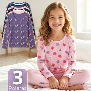 Pack 3 Camisetas Poleras Polar Primera Capa Basica Pijama Manga Larga Diseños Surtidos Niña