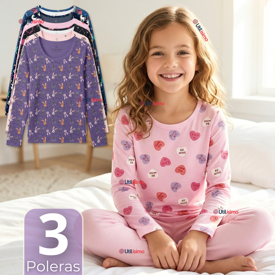 Pack 3 Camisetas Poleras Polar Primera Capa Basica Pijama Manga Larga Diseños Surtidos Niña