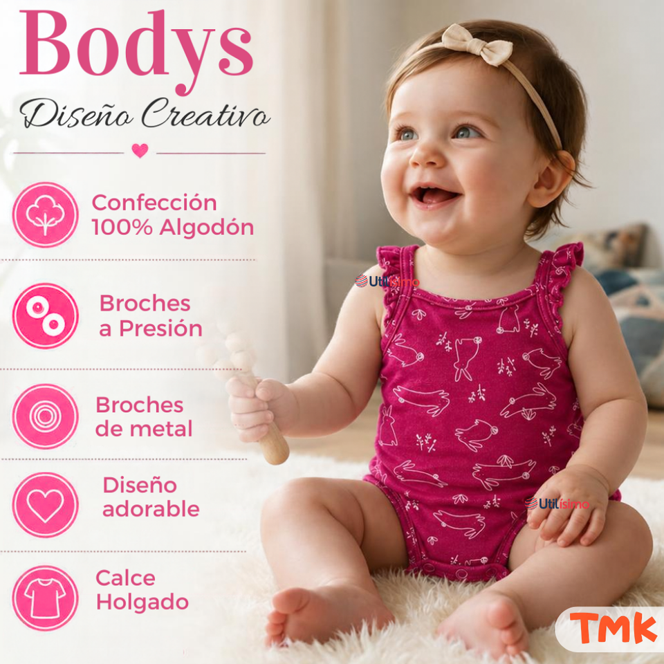 Pack 4 Bodys Sin Manga 100% Algodón Tedmimak Bebé Niña Pinki