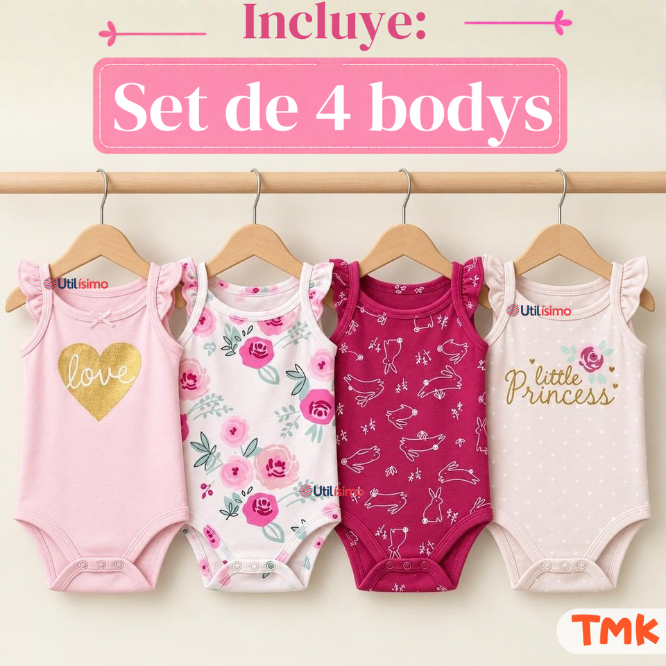 Pack 4 Bodys Sin Manga 100% Algodón Tedmimak Bebé Niña Pinki