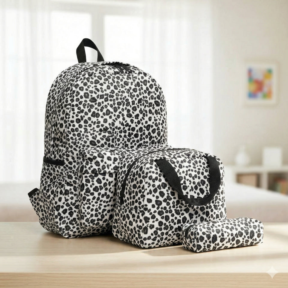 Mochila Bolso Animal Print Con Estampado De Leopardo + Lonchera + Estuche Escolar Niña 42Cm