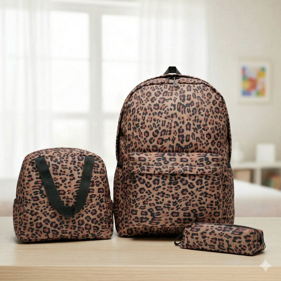 Mochila Bolso Animal Print Con Estampado De Leopardo + Lonchera + Estuche Escolar Niña 42Cm