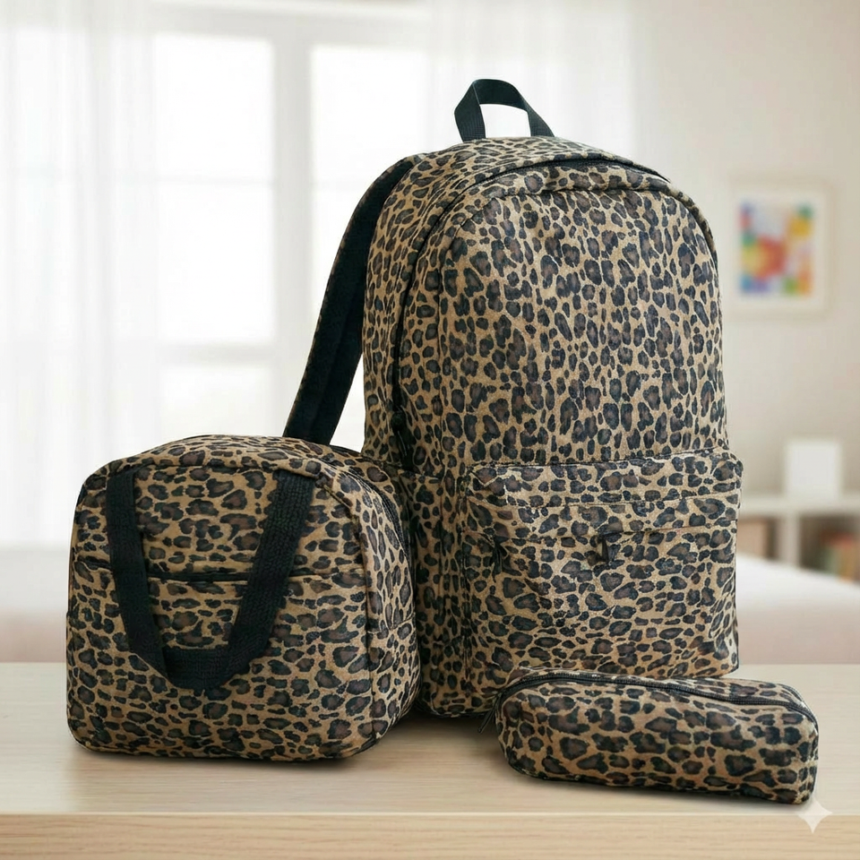 Mochila Bolso Animal Print Con Estampado De Leopardo + Lonchera + Estuche Escolar Niña 42Cm