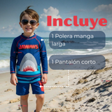 Traje De Baño 2 piezas Manga Larga y Pantalón Corto Niño de 3 a 11 años Blue Shark